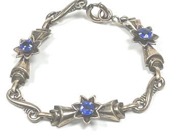 Vintage des années 40 Harry Iskin 1/20 or 10 carats rempli floral bleu strass bracelet 6,5"