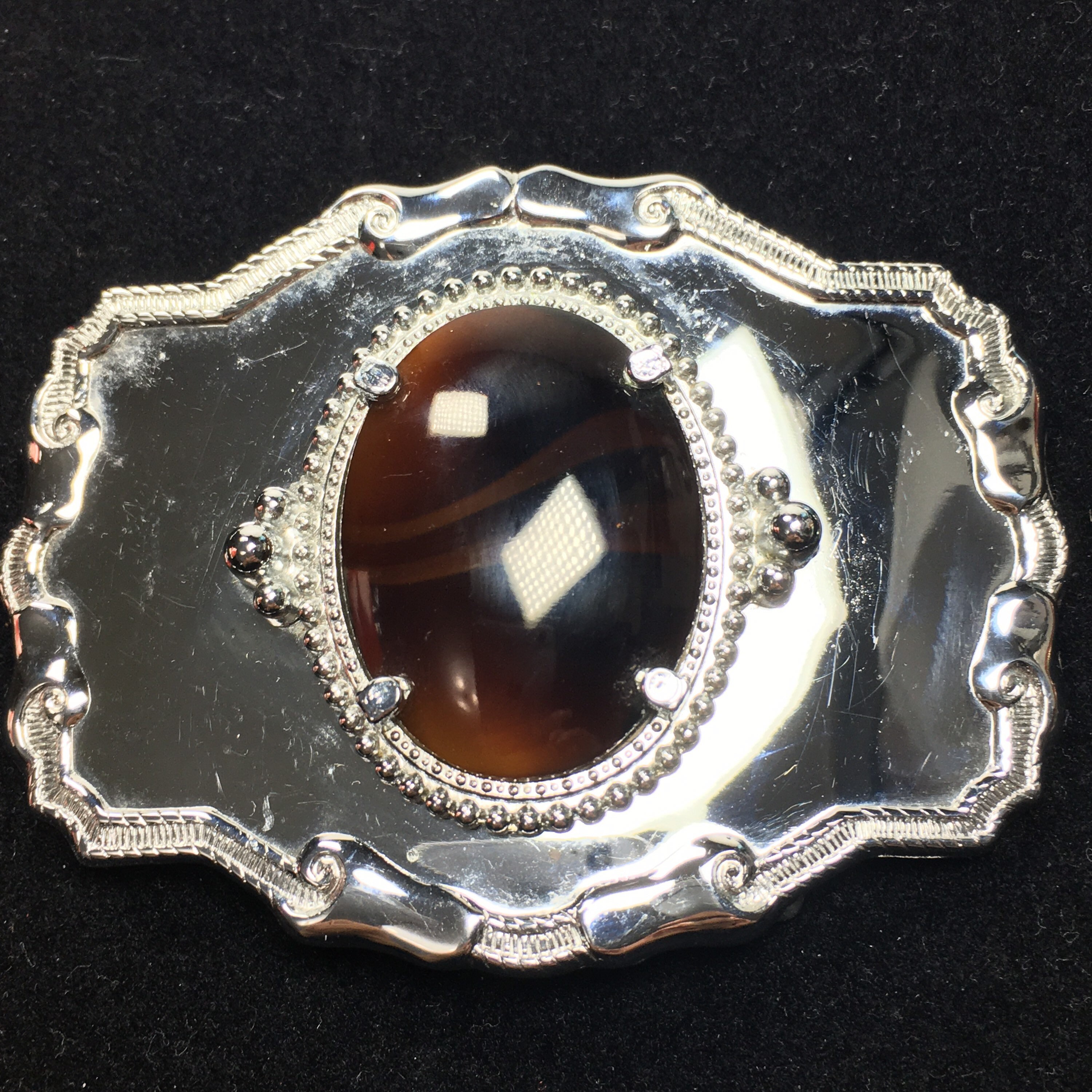 Vintage Tigers Eye Stone Western Silver Tone Chrome Metal  display picture 3