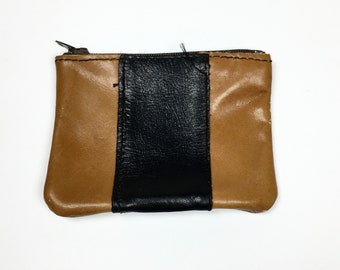 Coin Change Holder Vintage Men's Small Leather Zipper Pouch Light & Dark Brown