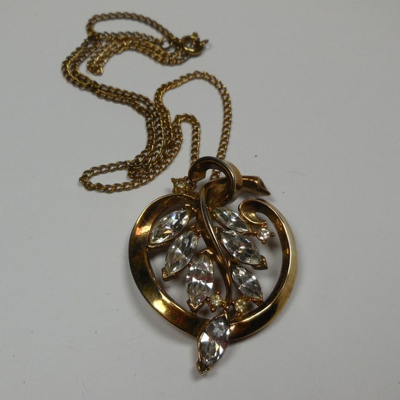 Vintage Pendant Necklace Shiny Gold Tone with Rhi… - image 2