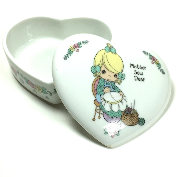 Vintage Precious Moments Heart Shape Trinket Box Mother Sew Dear 1995