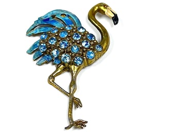 Broche flamant rose émaillée vintage avec strass 3" ton doré