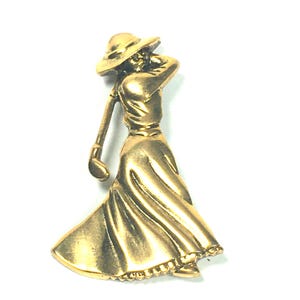 Vintage Gold Tone Lady Golfer Brooch Signed Fort