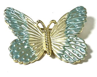 Broche papillon vintage 1,9 x 1,5 pouces signée L.Razza, ailes bleues, argent et or