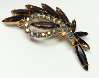 Vintage Amber Rhinestone Brooch Pin Gold-Tone Fall Colors AB Aurora Borealis