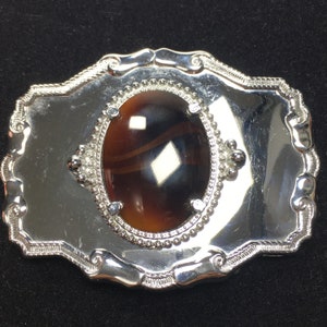 Vintage Tigers Eye Stone Western Silver Tone Chrome Metal Belt Buckle