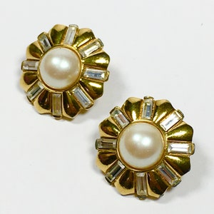 Monet Signed Gold Tone Rhinestones Clip On Earrings Faux Pearl