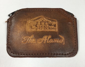 Vintage Men's Small Leather Hand Tooled Zipper Pouch Coin Change Holder The Alamo