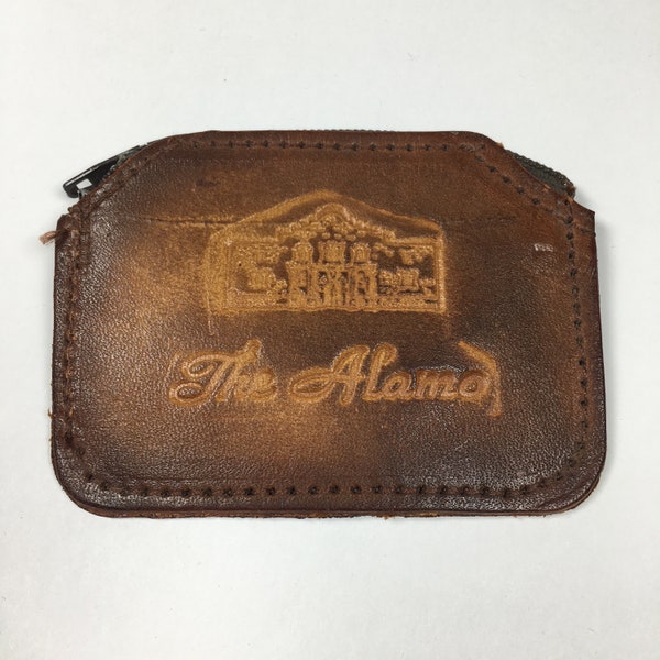 Vintage Men's Small Leather Hand Tooled Zipper Pouch Coin Change Holder The Alamo