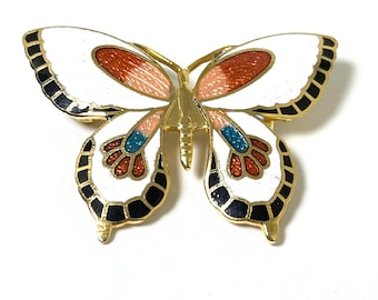 Broche papillon vintage en émail cloisonné Blanc orange noir ton or