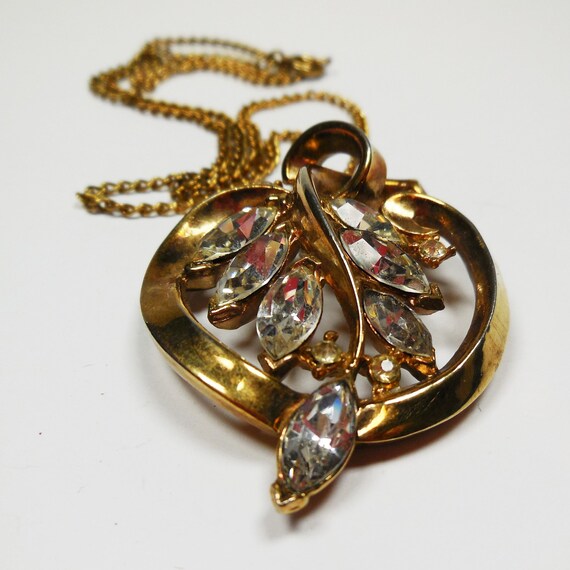 Vintage Pendant Necklace Shiny Gold Tone with Rhi… - image 3
