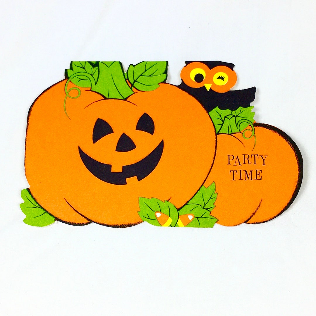 Vintage Halloween Hallmark Party Invitation Card Owl and Pumpkins Jack ...