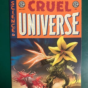 May include: A vintage comic book cover titled "Cruel Universe" with a retro design. The cover features a vibrant orange background with the title in large white letters. The artwork depicts a surreal scene with a plant-like creature and a figure with red tentacles.