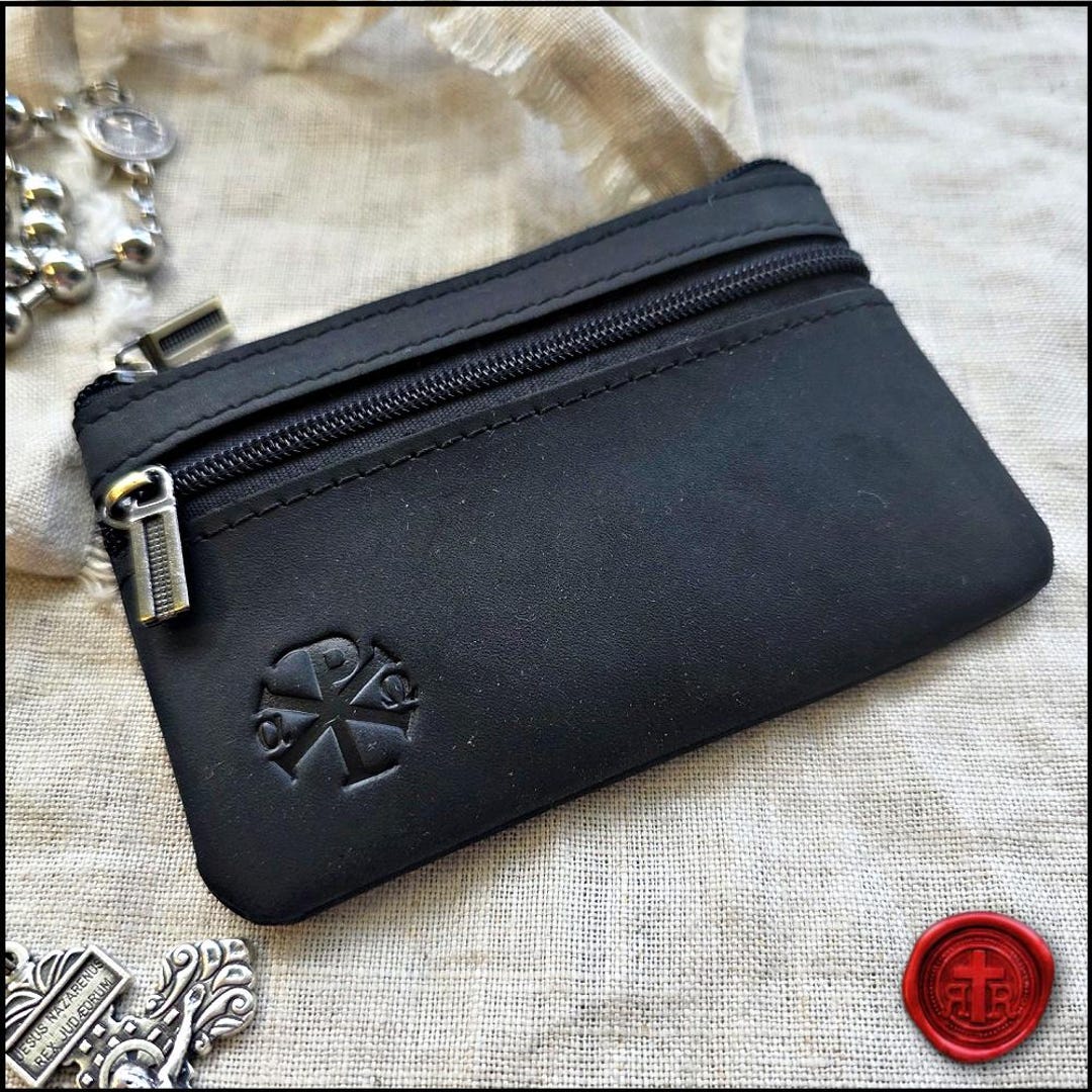 Black Leather Rosary Pouch: Rugged Catholic Gift With Chi Rho - Etsy