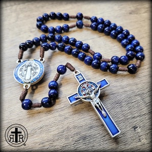 Rugged Rosaries® - Blue Wooden Beads and Stunning St. Benedict Rosary