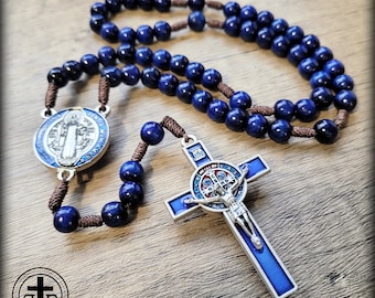 Rugged Rosaries® - Blue Wooden Beads and Stunning St. Benedict Rosary