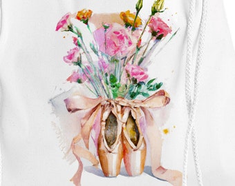 Beautiful Ballerina Cotton Drawstring Bag with Watercolour Pointe Shoes and Floral Design Dance Sport Club Kids Name Rope Backpack