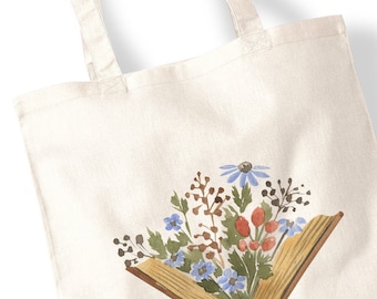 Floral Books Watercolour Tote Bags - Literature, Pressed Flowers, Water Colour, Typewriter, Watercolor Illustration Totes