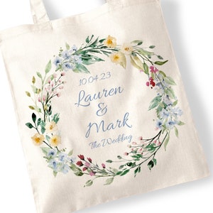 Personalised Wedding Flower Wreath Tote Bag Shoulder Bag Shopping Bag Marriage, Bridesmaids, Gifts, Seasons, Event, Watercolour, Bulk buy Spring