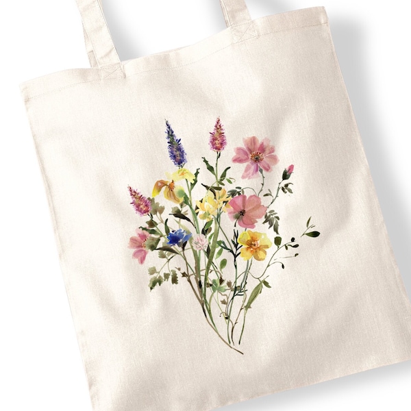 Wildflower Bouquet Tote Bags - Watercolour, Pressed Flowers, Water Colour, Bunch of Cut, Watercolor Illustration Totes