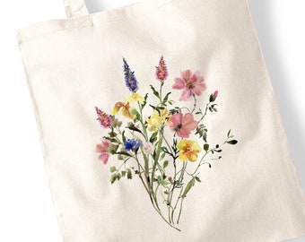 Bolsas de mano con ramo de flores silvestres: acuarela, flores prensadas, color de agua, manojo de corte, bolsas de ilustración de acuarela