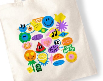 Retro Sticker Tote Bag - Vintage Colourful 90s Icon Character Logo 