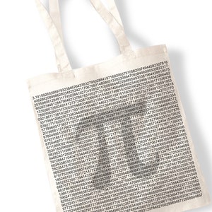 May include: A white tote bag featuring a black print of the first 225 digits of pi. The print is centrally positioned on the bag and covers the entire front surface.