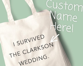 I Survived Wedding Tote Bag Custom Name Shoulder Bag Shopping Bag - Marriage, Bridesmaids, Gifts, Table Setting, Event, Bulk buy