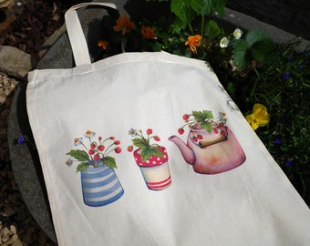 Wild Strawberry Plants Tote Bag - Cottagecore Teapot Planter Growing Strawberries Gouache Watercolour Illustration