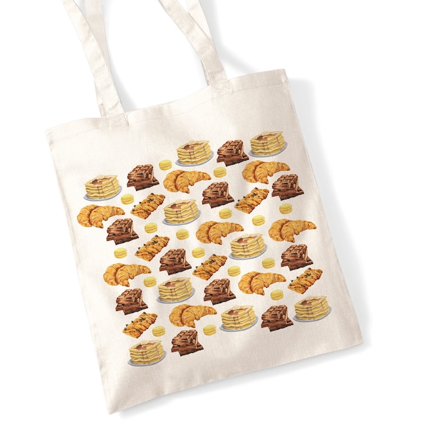 Gebäck Frühstück Croissant Tote Bag Schultertasche Einkaufstasche - Pfannkuchen, Schokolade, Macaroon, Ahornsirup, handgezeichnet, Illustration, Niedlich