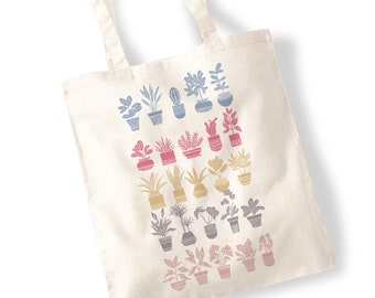 Colourful Linocut Houseplants Tote Bag - Pastel, Lino, Stamped, Cactus, Pots, Potted, House Plant Illustration Totes