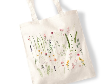 Bolsas de mano de corte de flores silvestres - acuarela, flores prensadas, color de agua, hierbas, bolsas de ilustración de acuarela