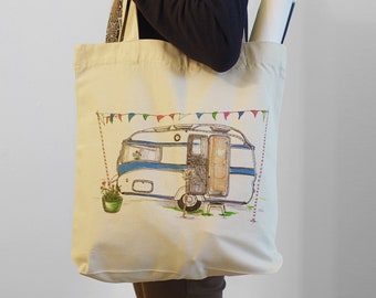 Vintage Caravan Canvas Tote Bag, Retro Hand Drawn, Shopper, Caravanning