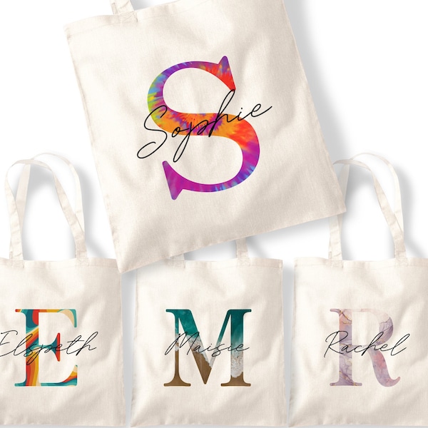 Retro Tie Dye Initial Tote Bag Custom Name Personalised Colourful Hippie Pattern Ocean Wave Holiday Hand Luggage Marble Background