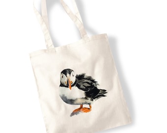 Watercolour Puffin Tote Bag - Seabird Illustration Painting Art Beach Bag