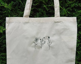 Embroidered Wildflower Tote Bag 100% Natural Cotton Shopping Gift for Nature Lovers Featuring Floral Embroidered Illustration Line Art