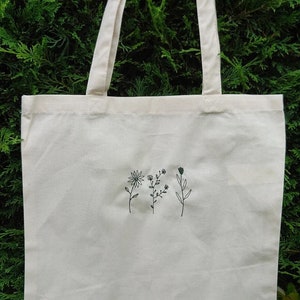 Embroidered Wildflower Tote Bag 100% Natural Cotton Shopping Gift for Nature Lovers Featuring Floral Embroidered Illustration Line Art