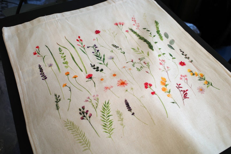 Wildflower Cutting Tote Bags Watercolour, Pressed Flowers, Water Colour, Grasses, Watercolor Illustration Totes image 2