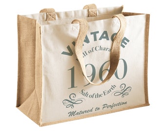 Vintage 60th Birthday Jute Canvas Shopping Tote Bag,60th Birthday, 60th Birthday Idea, Shopping Bag, 60th Birthday Present, 1960