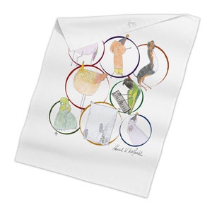 May include: A white tea towel featuring a colourful illustration of various animals wearing party hats. The animals include a cat, a bird, a dog, a unicorn, a parrot, and a llama. The illustration is surrounded by colourful circles. The text "Harrel K. Wolfendale" is written at the bottom of the towel.