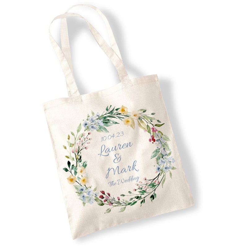 Personalised Wedding Flower Wreath Tote Bag Shoulder Bag Shopping Bag Marriage, Bridesmaids, Gifts, Seasons, Event, Watercolour, Bulk buy Spring