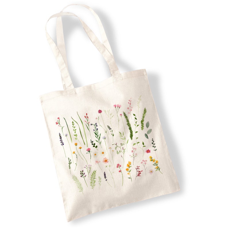 Wildflower Cutting Tote Bags Watercolour, Pressed Flowers, Water Colour, Grasses, Watercolor Illustration Totes image 1