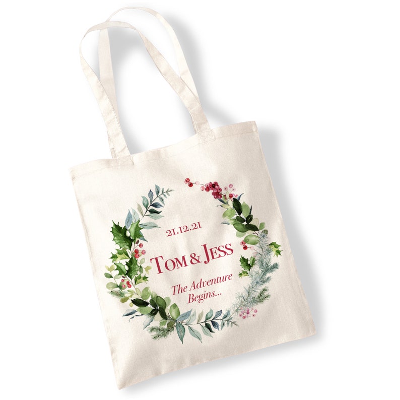 Personalised Wedding Flower Wreath Tote Bag Shoulder Bag Shopping Bag Marriage, Bridesmaids, Gifts, Seasons, Event, Watercolour, Bulk buy Winter