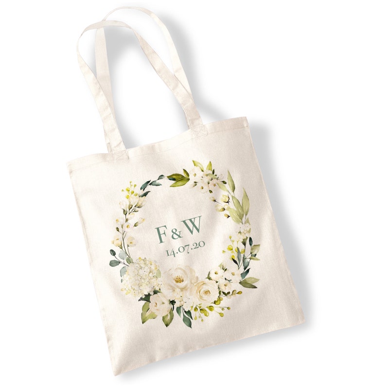 Personalised Wedding Flower Wreath Tote Bag Shoulder Bag Shopping Bag Marriage, Bridesmaids, Gifts, Seasons, Event, Watercolour, Bulk buy Summer