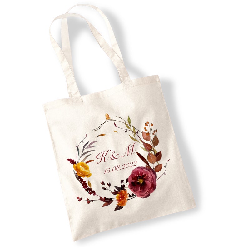 Personalised Wedding Flower Wreath Tote Bag Shoulder Bag Shopping Bag Marriage, Bridesmaids, Gifts, Seasons, Event, Watercolour, Bulk buy Autumn