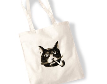 Cat Smoking a Pipe Tote Bag - Quirky Tote for a Cat Lover Tobacco Smoker