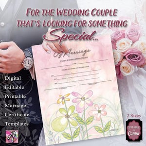 Könnte beinhalten: Eine Heiratsurkunde-Vorlage mit einem zartrosa Aquarellhintergrund und handgezeichneten Blumenillustrationen am unteren Rand. Das Dokument enthält Textfelder für Namen, Datum, Ort und Zeugen. Es ist digital, bearbeitbar und druckbar.