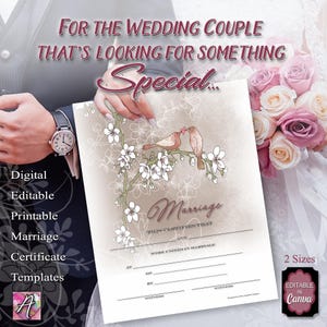 Op de afbeelding: Een digitaal huwelijkscertificaat-sjabloon met een beige achtergrond, witte bloemillustraties en twee bruine vogels op een tak. De tekst luidt: For the wedding couple that's looking for something special, Marriage, This certifies that, en were united in marriage.