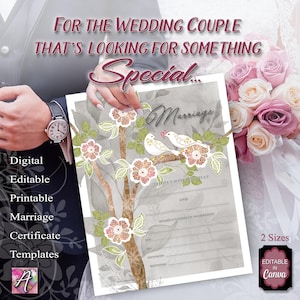 May include: A digital, editable, and printable marriage certificate template featuring a tree illustration with two birds, pink and orange flowers, and green leaves. The document includes text fields for names, dates, and witnesses, with the title Marriage.