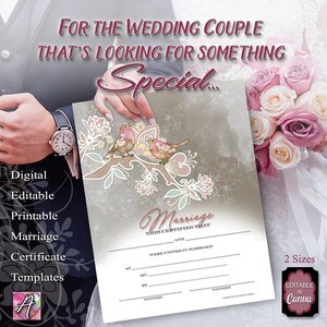 May include: A marriage certificate template featuring two birds perched on a branch with floral accents. The document includes text fields for names, date, location, and witnesses. The design is set against a soft, neutral background.